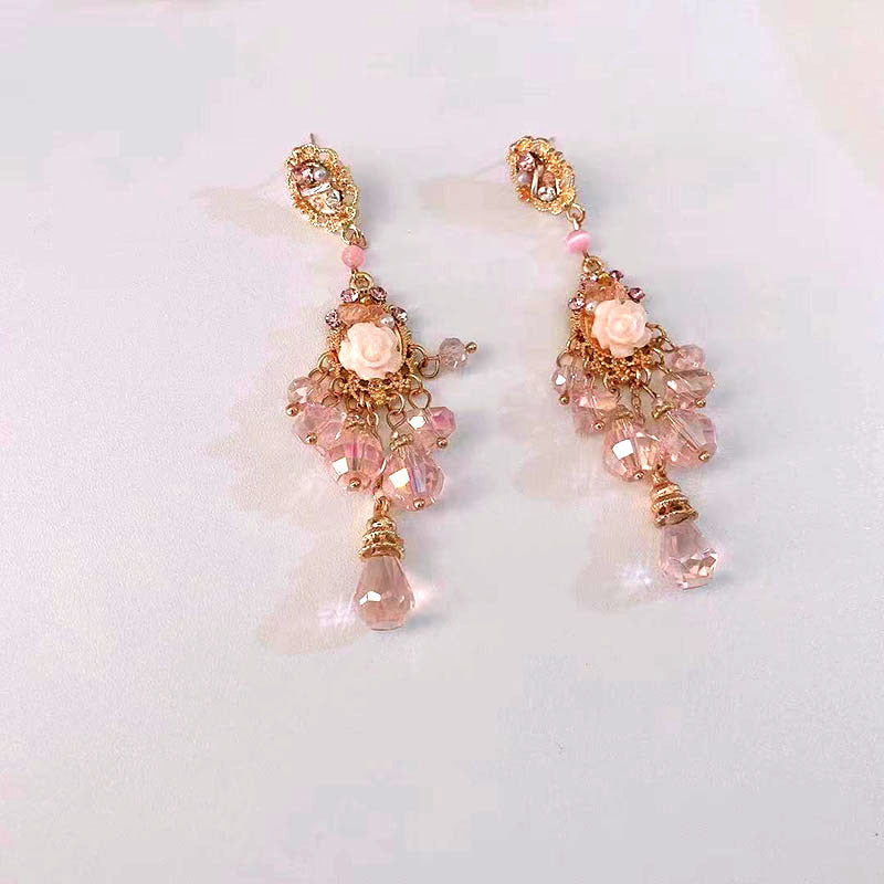 Super Fairy Pink Roses Flower Crystal Tassel Pendant Earrings