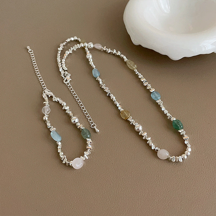 Small Pieces Of Sier Metal Natural Stone Beaded Female Necklaces