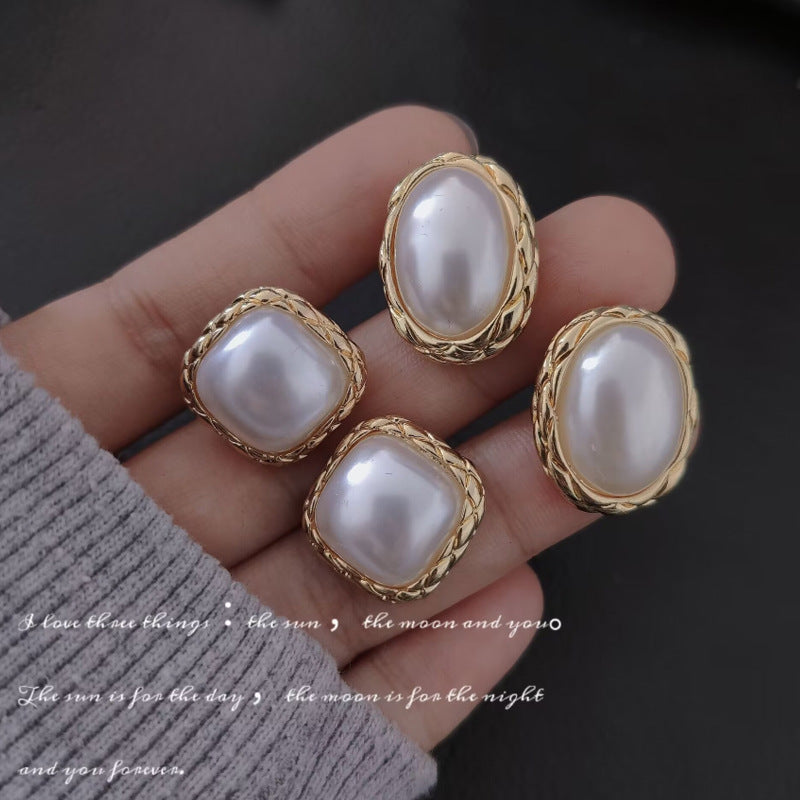 Needle Retro Style Fashion Square Pearl Oval Exquisite Earrings