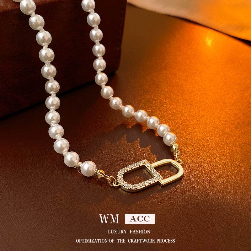 Pearl Gold Plated Zircon Letter Temperament Wild Clavicle Chain Necklaces