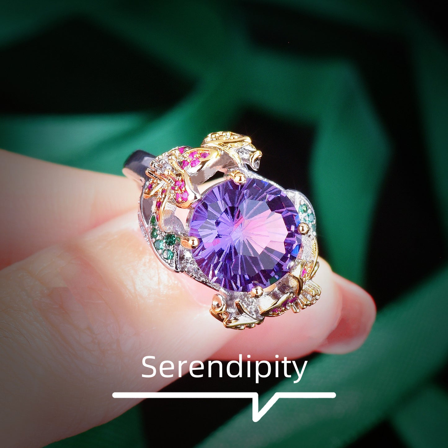 Gold Craft Fireworks Cut Purple Diamond Colorful Flowers Rings