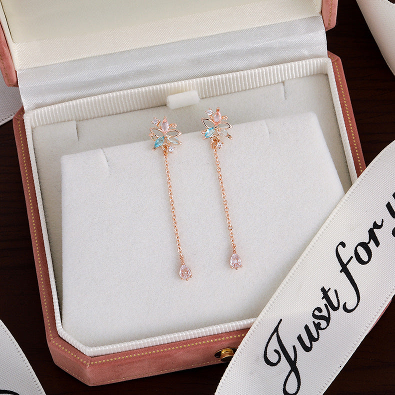 Women's Flower Sier Pin Elegant Long Fringed Earrings