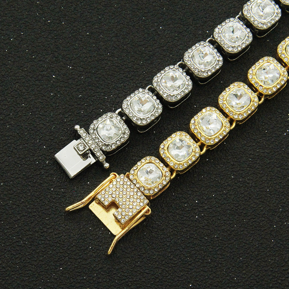 Colliers Hip Hop avec boucle à dégagement de diamants carrés et strass carrés pour femmes et hommes