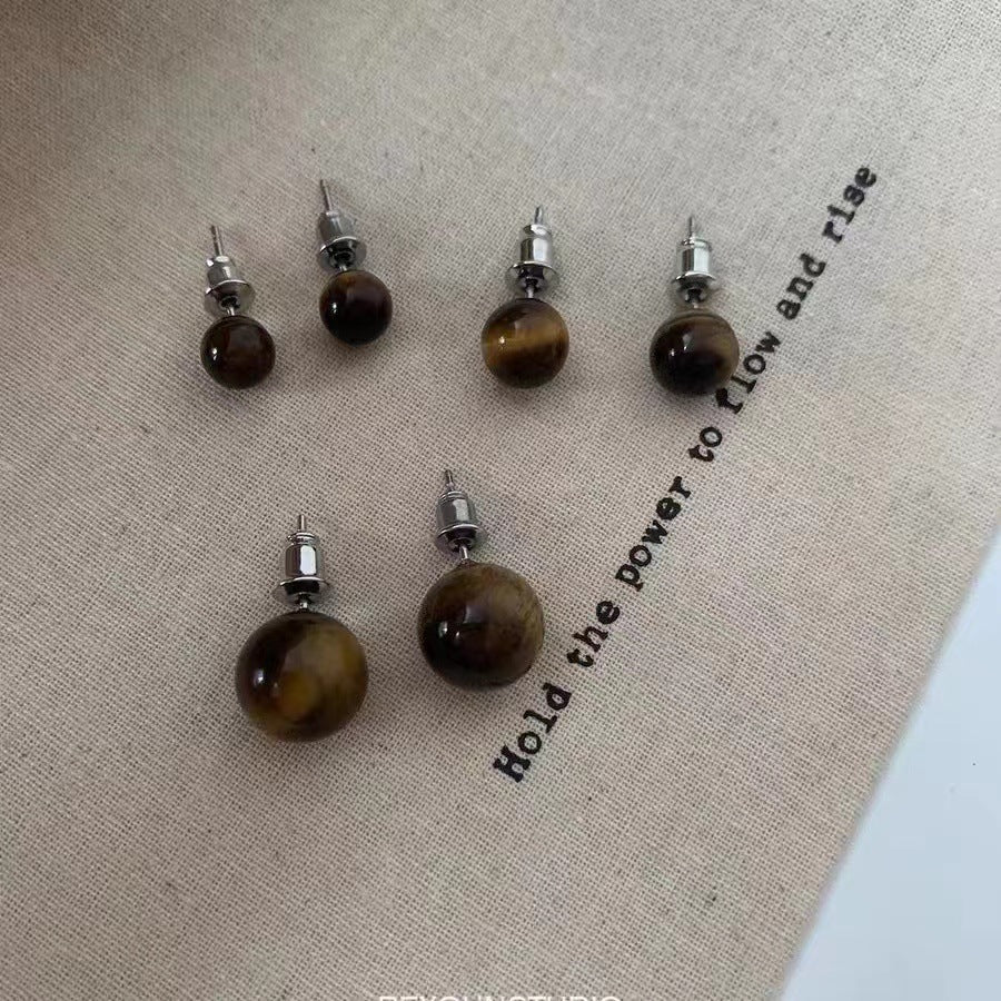 Boucles d'oreilles rétro minoritaires en œil de tigre naturel pour femmes, boule lumineuse