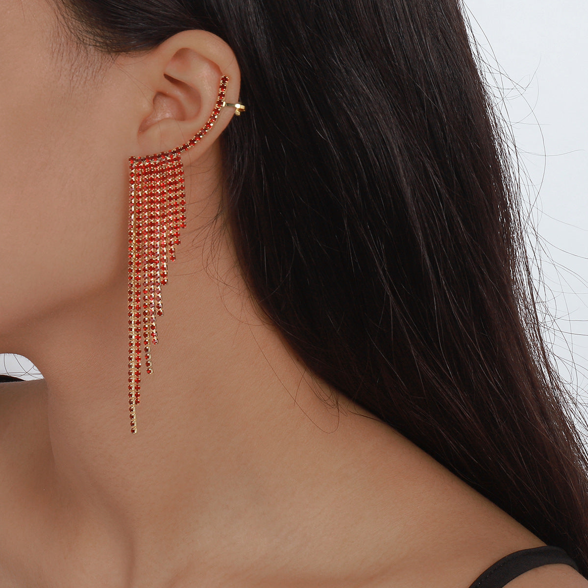 Tassel Rhinestone Auricular Needle Geometric Banquet Earrings