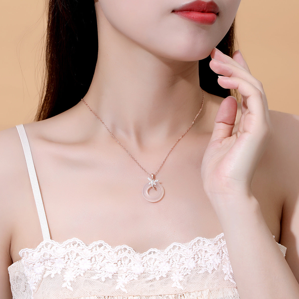 Women's Sier White Jade Peace Buckle National Fashion Chinese Butterfly Necklaces
