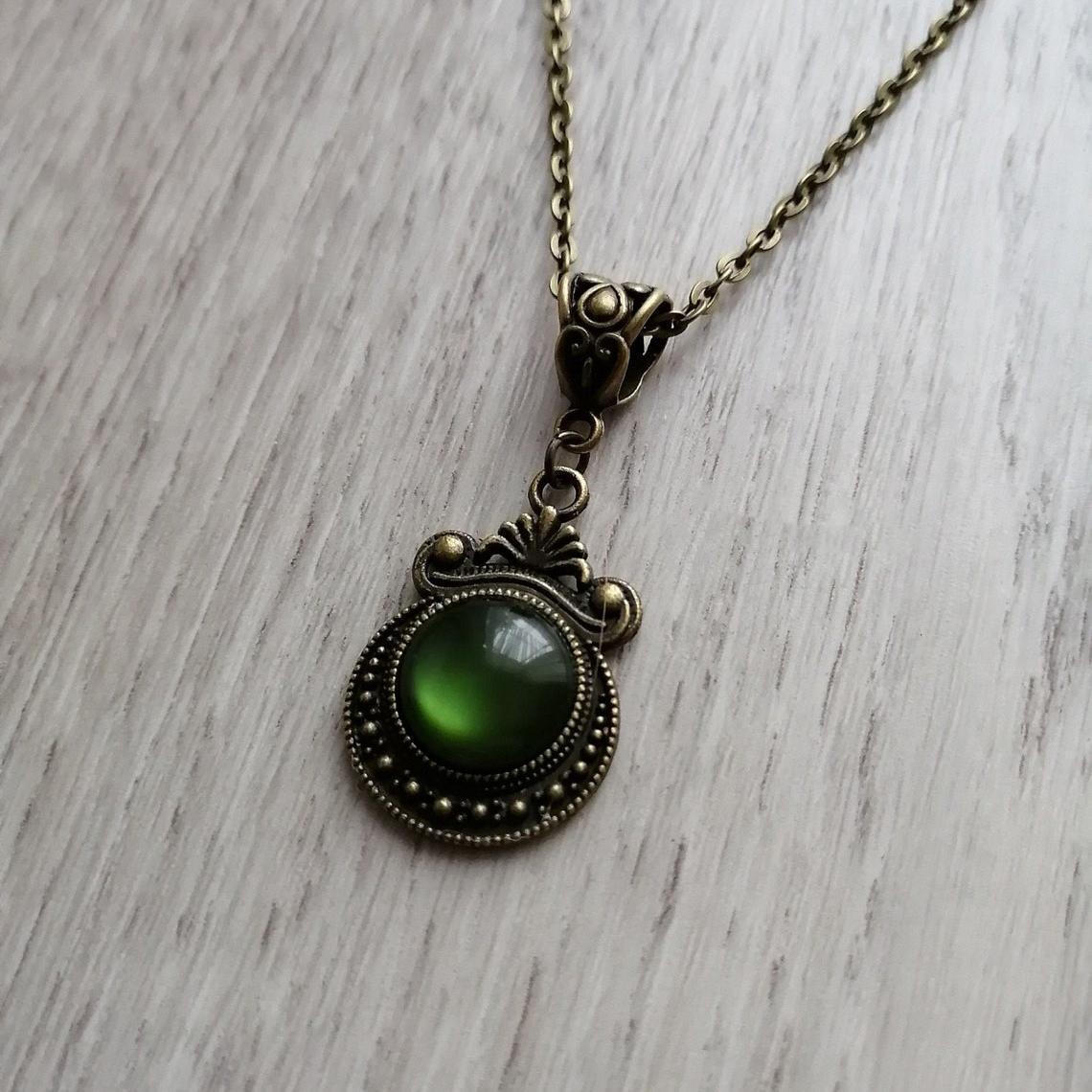 Bronze Pendant Green Stone Medieval Victorian Necklaces
