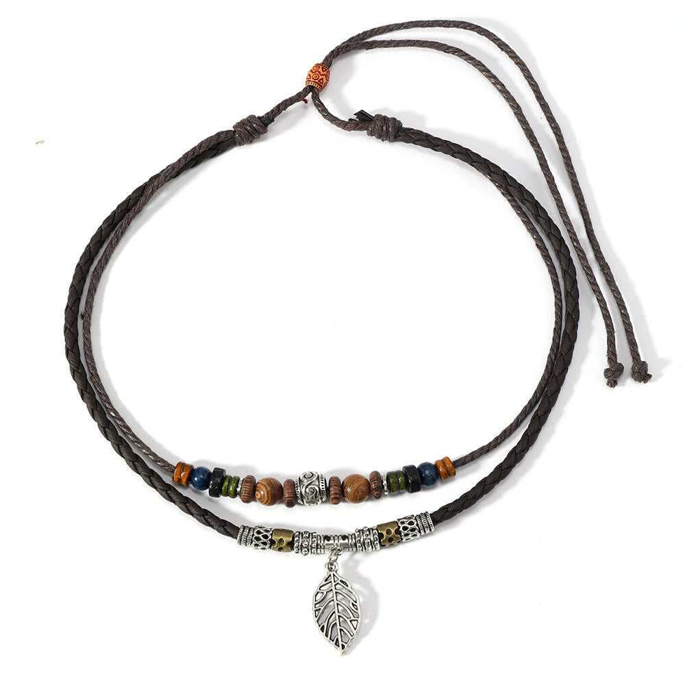Women's Shape Braided Rope Clavicle Chain Retro Style Wooden Necklace