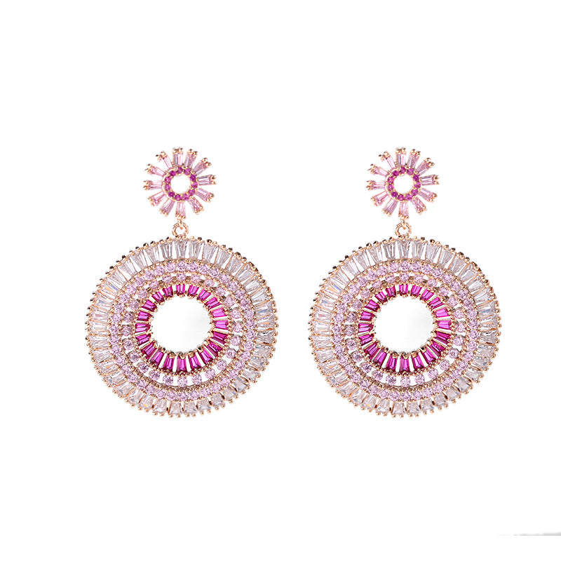 Exaggerating Female Retro Blue Gradient Pink Zircon Earrings