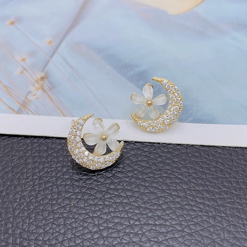 Boucles d'oreilles en diamant, fleur de lune, opale d'argent, douces