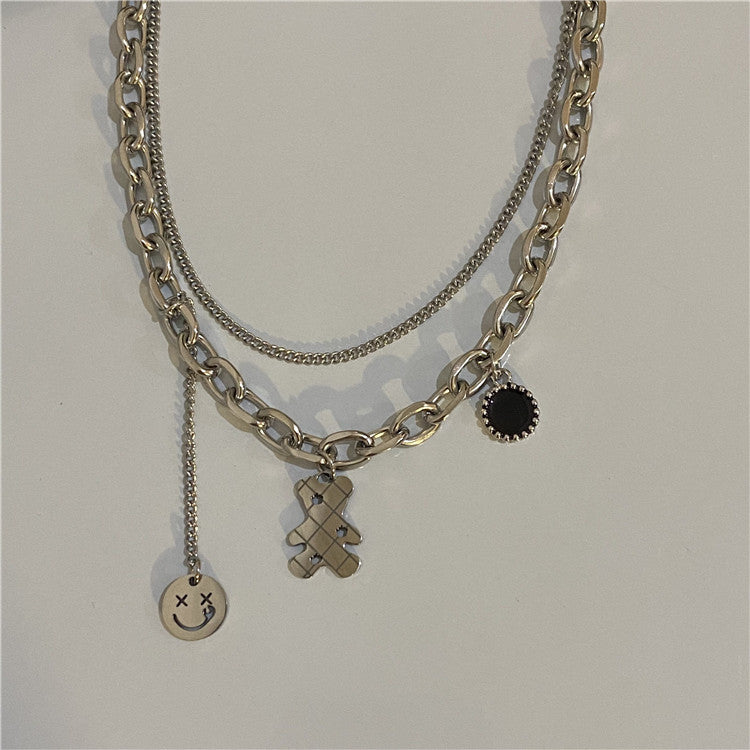 Titanium Steel Female Hip Hop Double Wall Cute Bear Necklaces