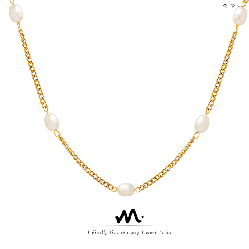 Flat Chain Personality Freshwater Pearl Stitching Titanium Necklaces