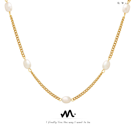 Colliers en titane à couture de perles d'eau douce, chaîne plate, personnalité