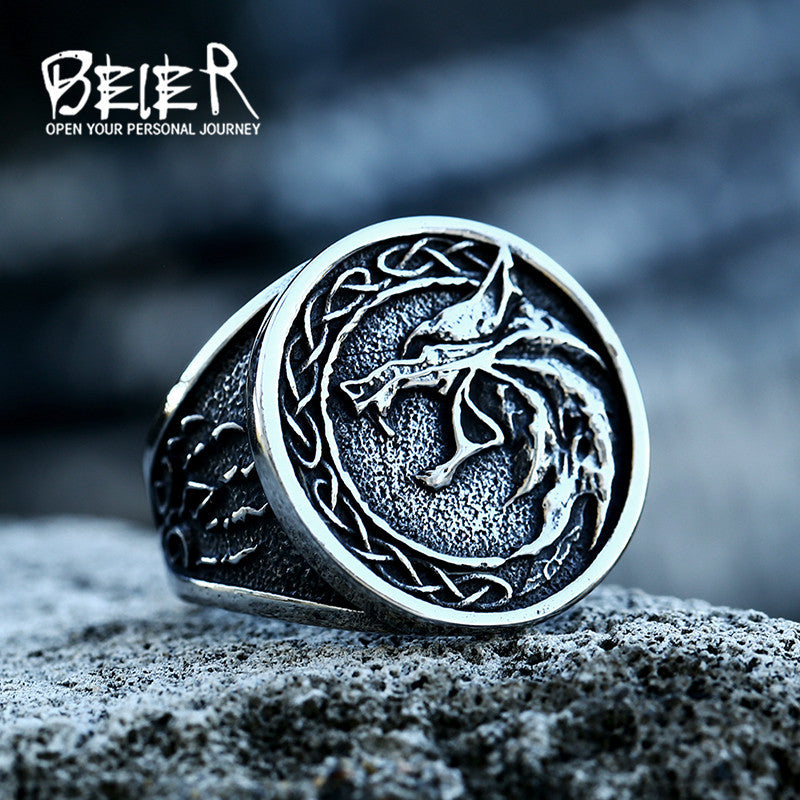 Herren-Ringe mit nordischem Wikinger-Knoten und Wolfskopf