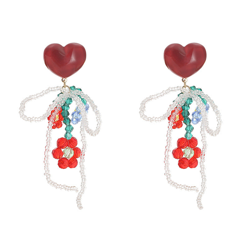 Handmade Red Flower Beaded Style Sier Needle Earrings