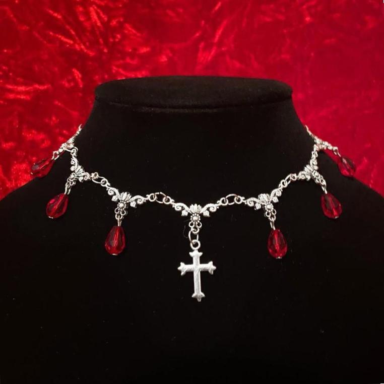 Blood Drop Cross Decorative Romantic Gothic Victorian Necklace