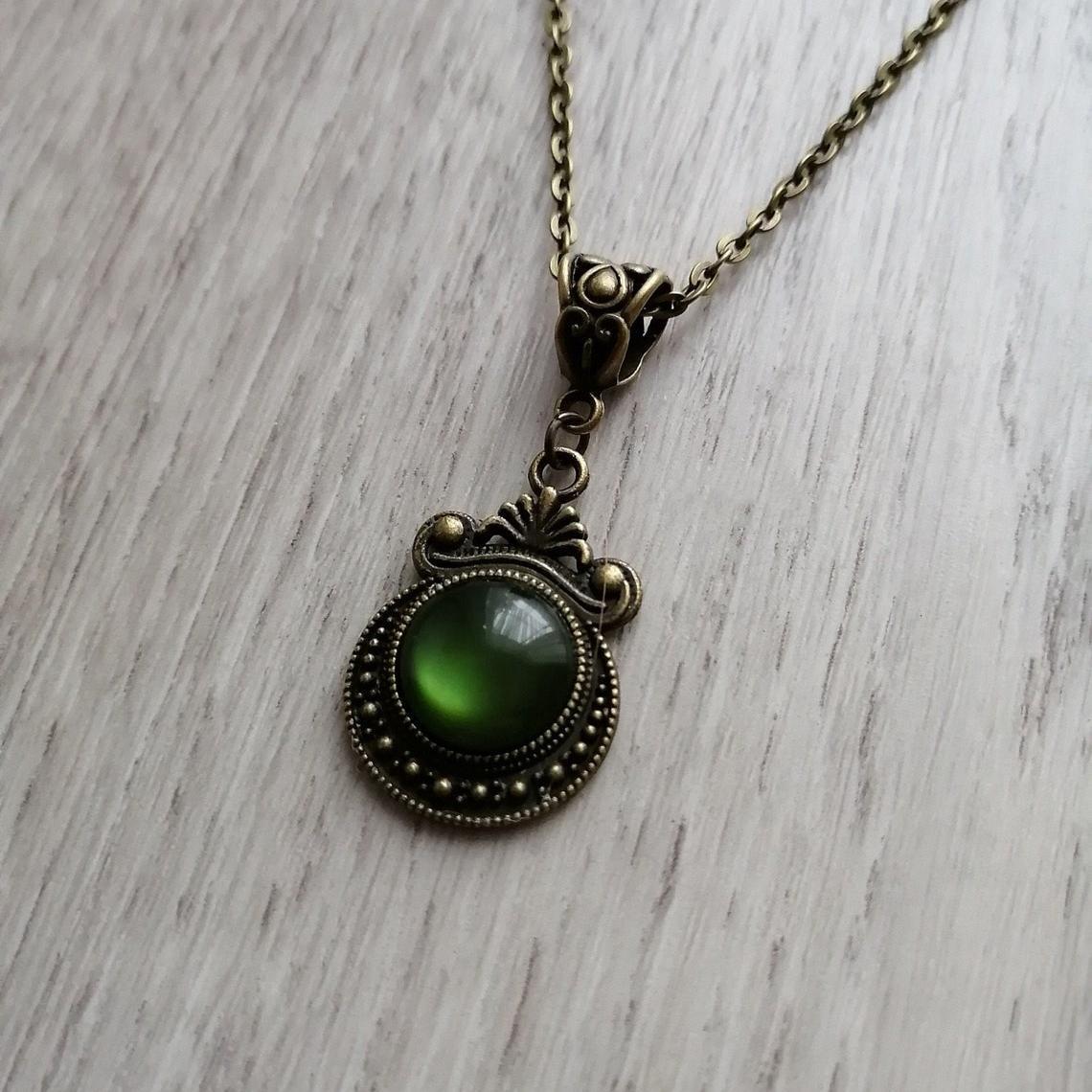 Bronze Pendant Green Stone Medieval Victorian Necklaces