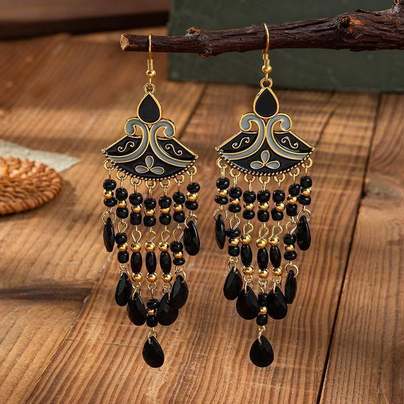 Ethnic Style Tassel Long Bohemian Crystal Yunnan Summer Earrings