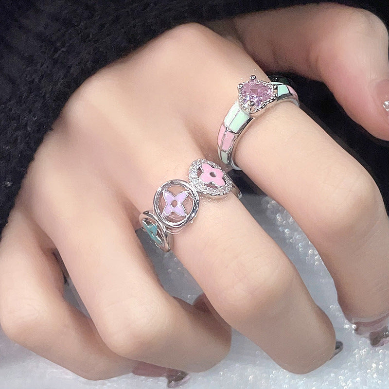 Heart Chessboard Niche Design Color Enamel Rings