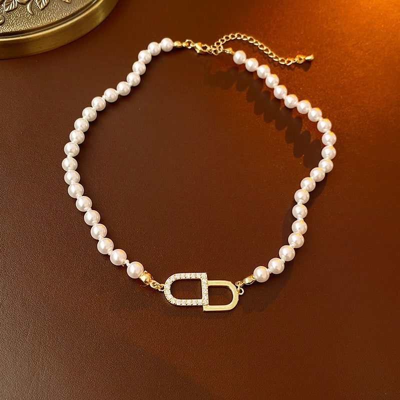 Pearl Gold Plated Zircon Letter Temperament Wild Clavicle Chain Necklaces