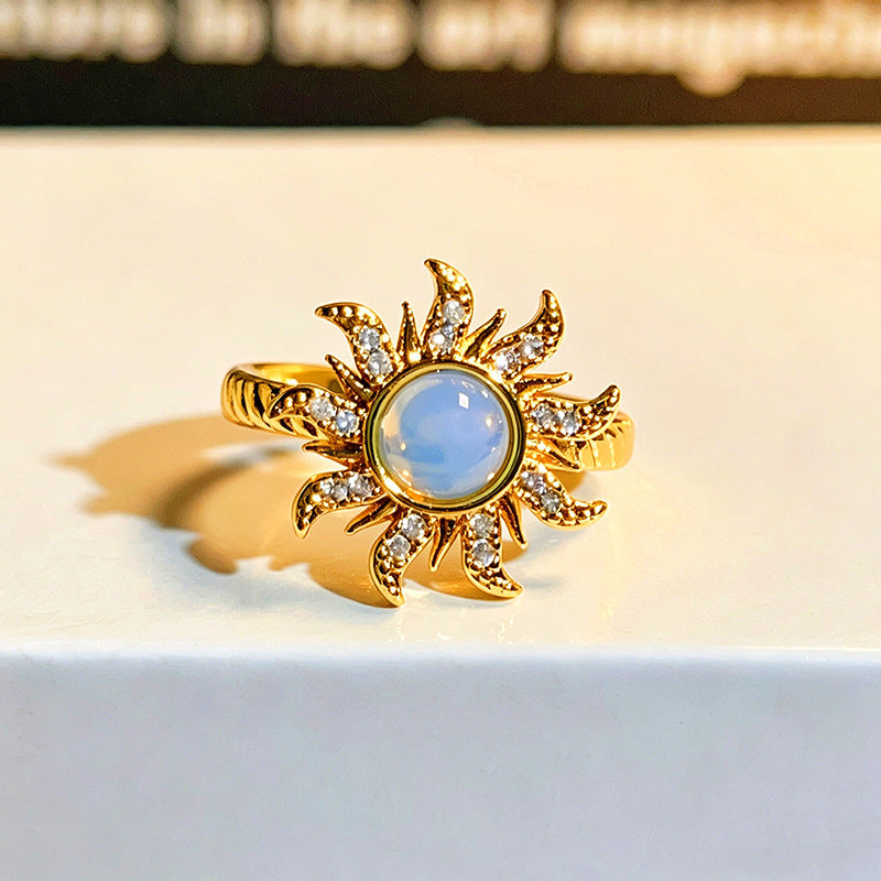 Palace Style Colored Gems Sunflower Open French Retro Flower Twin Ring