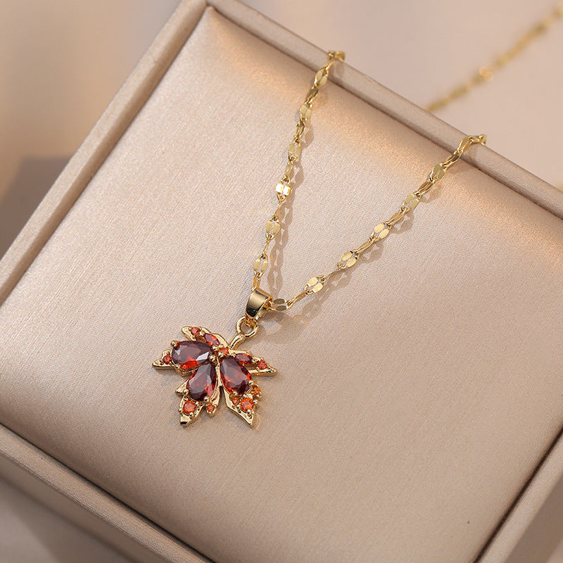 Colliers simples en acier et Zircon pour femmes, feuille d'érable, à la mode