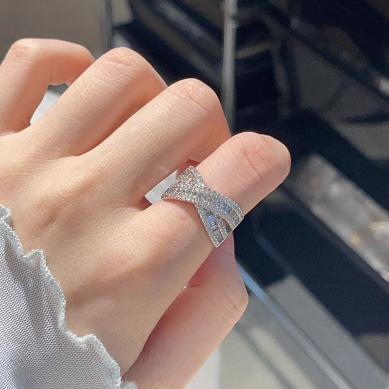 Light Luxury Full Diamond Open Female Cold Wind Geometric Cross Ring