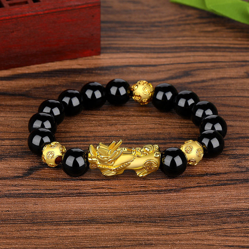 Large Size Vietnam Placer Gold Pi Imitation Obsidian Six Bracelets
