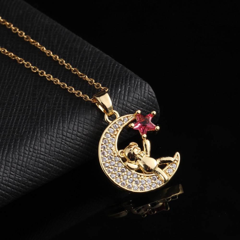 Women's Zircon Electroplated Real Gold Moon Mechanical Necklaces