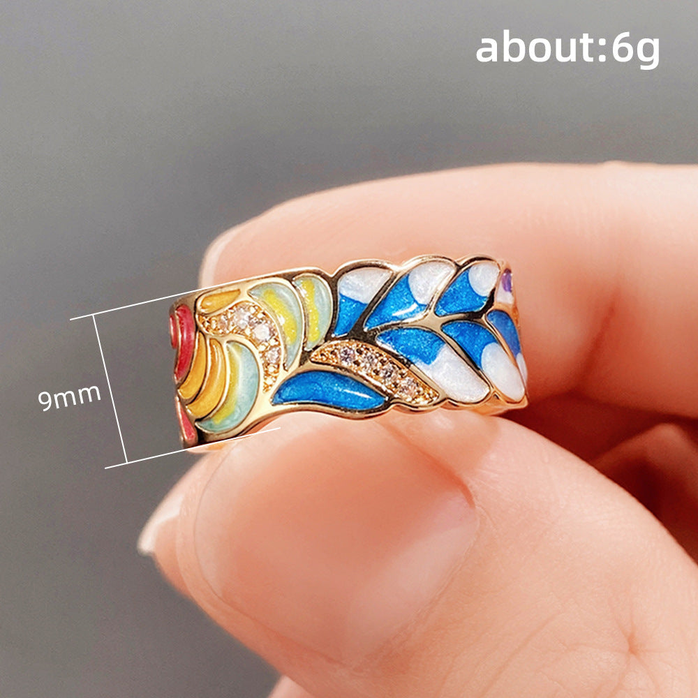 Gold Drop Oil Blue And White Porcelain Pattern Rings