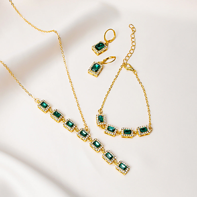 Full Rhinestone Square Emerald Colored Gems Suit Yellow Pink Necklaces