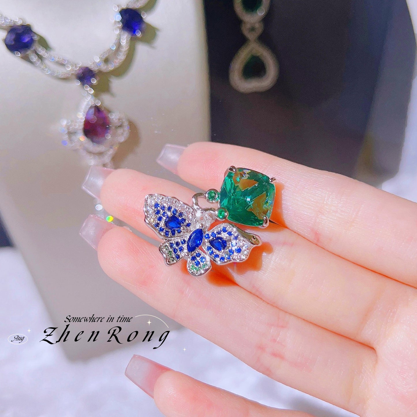 Mintgrüne Turmalin-Schmetterlings-Cocktail-Diamant-Royal-Saphir-Ringe
