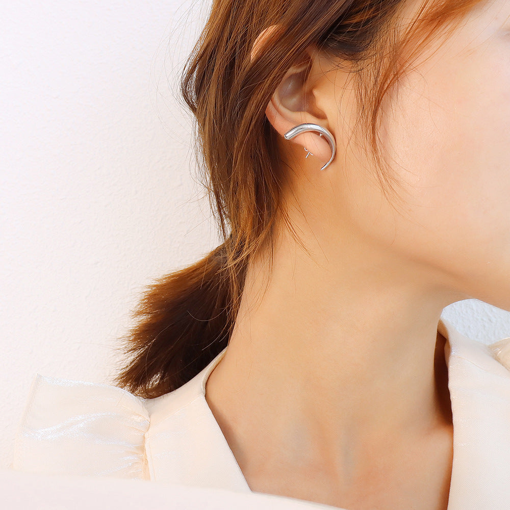 Women's French Style Moon Crescent Personality Titanium Steel Earrings