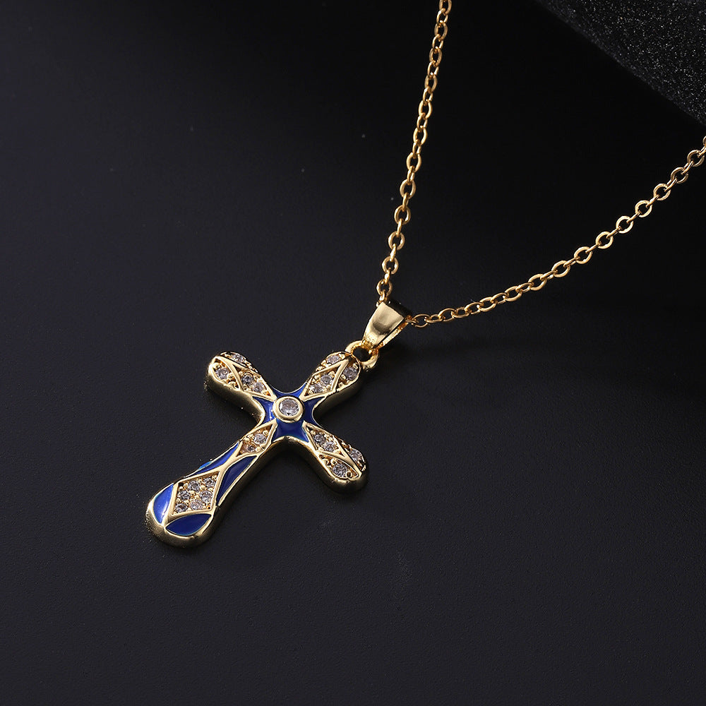 Dripping Zircon Cross Pendant Temperament Wild Micro Inlaid Gold Necklaces