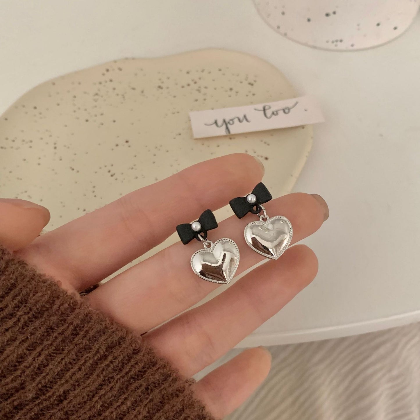 Love Heart Flowers Bow Cold Style Earrings