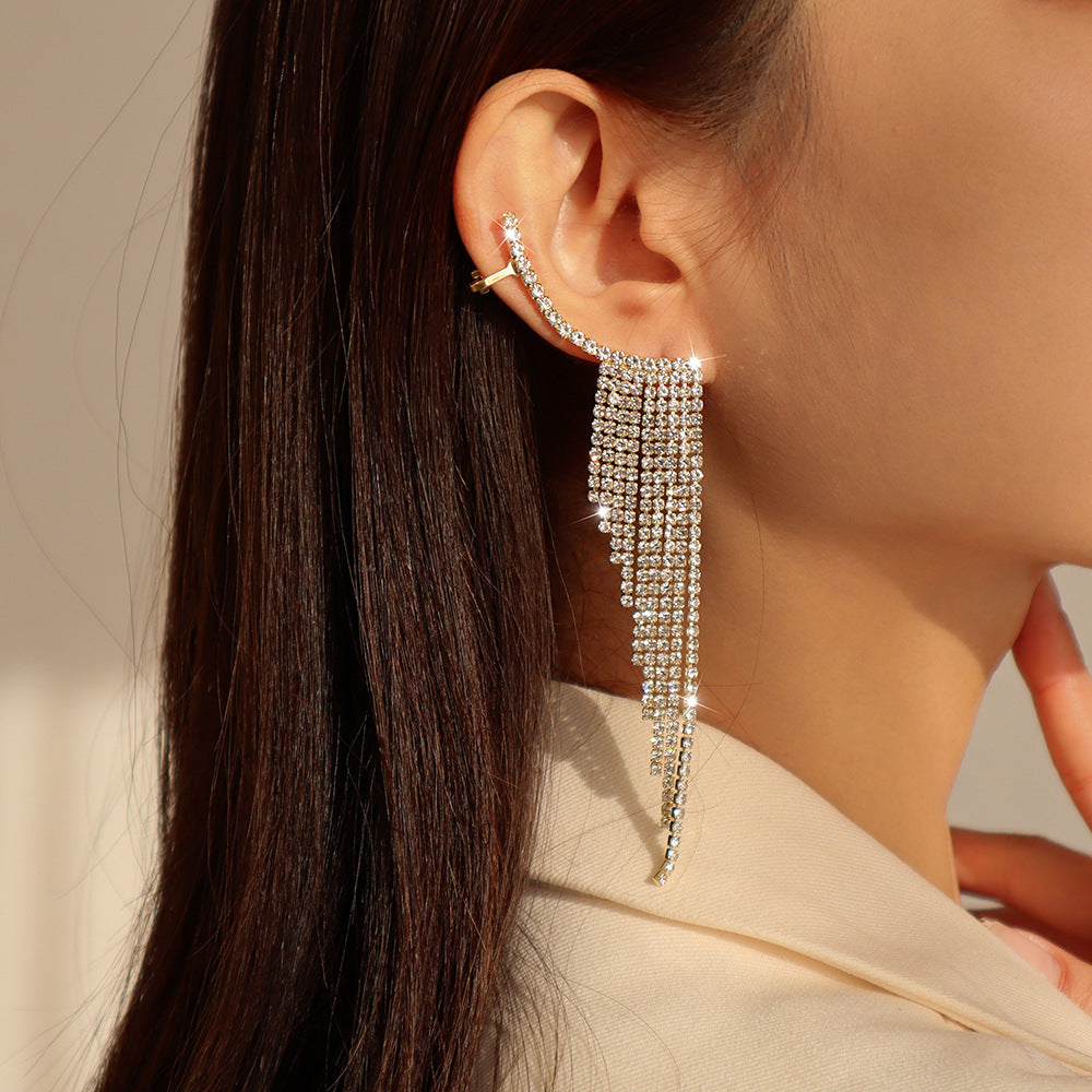 Tassel Rhinestone Auricular Needle Geometric Banquet Earrings