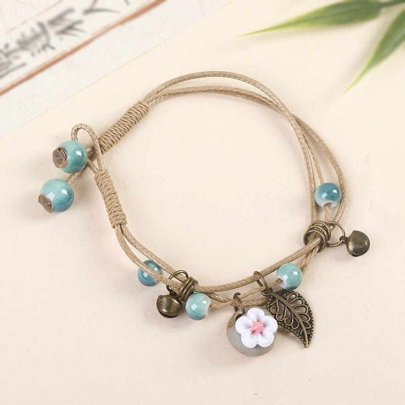 Women's Ceramic Flower Woven Ethnic Artistic Carrying Bracelet