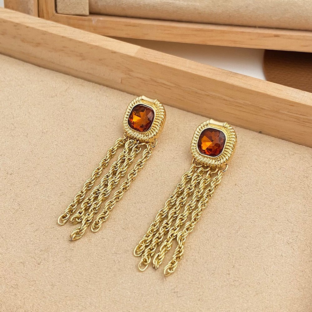 Women's French Retro Graceful Geometric Tassel Long Ancient Stroke Light Earrings