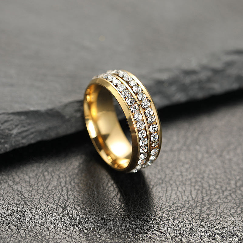 Women's Stainless Ornament Double Row Full Rhinestone Rings