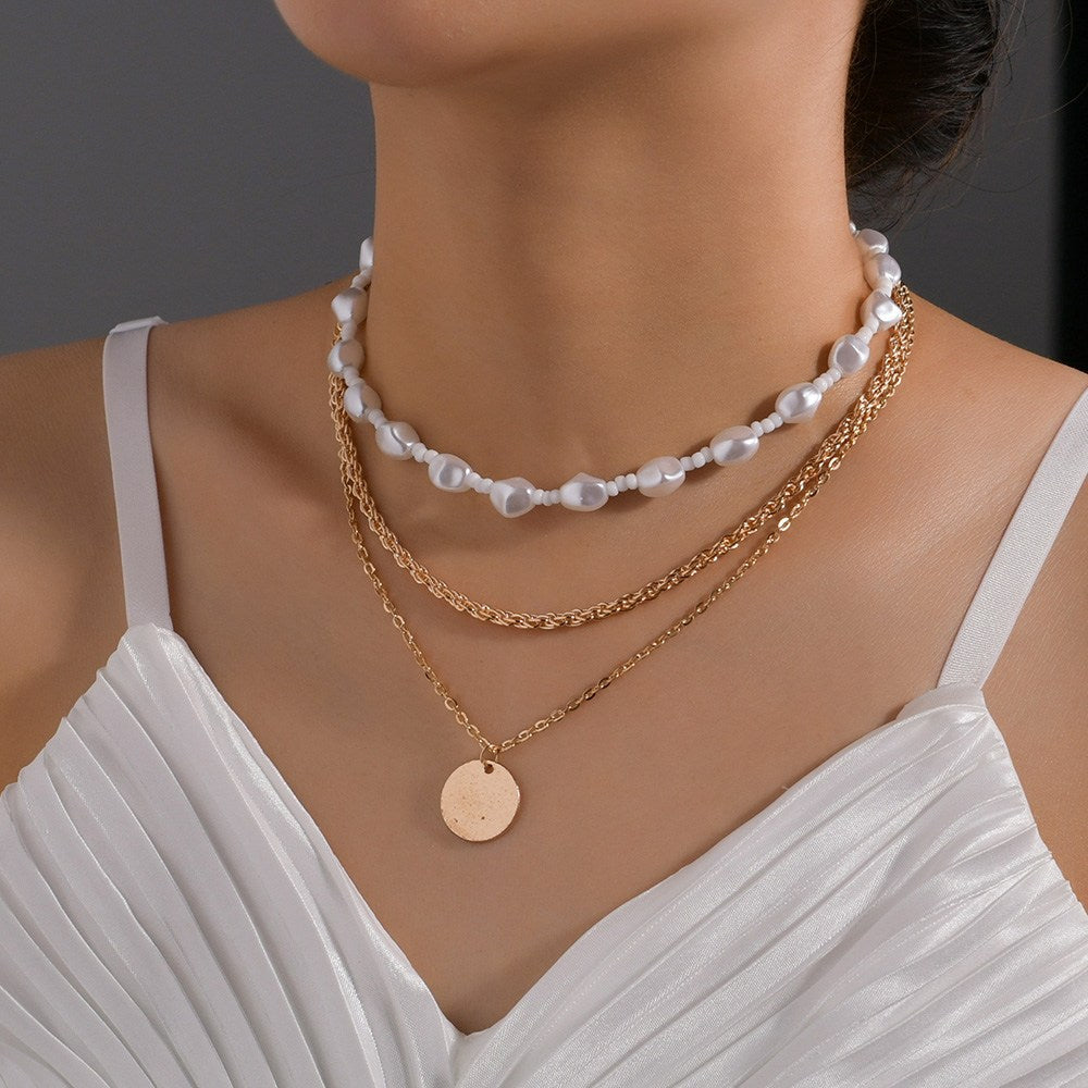 Personalized And Exaggerated Stringed Pearls Geometric Wafer Necklaces