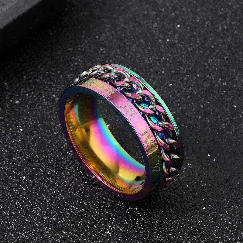 Men's Atmospheric Stainless Steel Ornament Marking Roman Characters Rotatable Rings