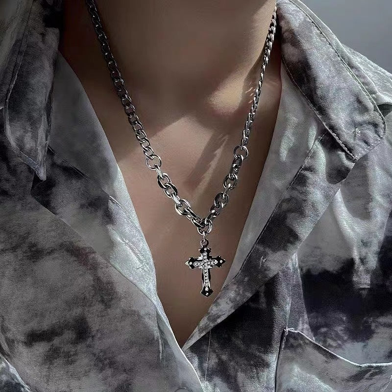 Men's Trendy Double Chain Stitching Diamond Cross Necklaces