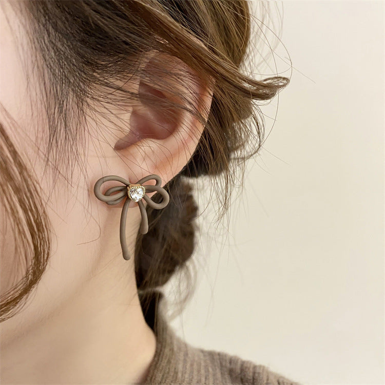 Sense Brown Bow Loving Heart Zircon Earrings