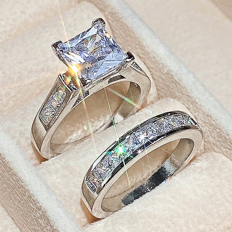 Women's Shi Square Diamond Zircon Couple Set Rings