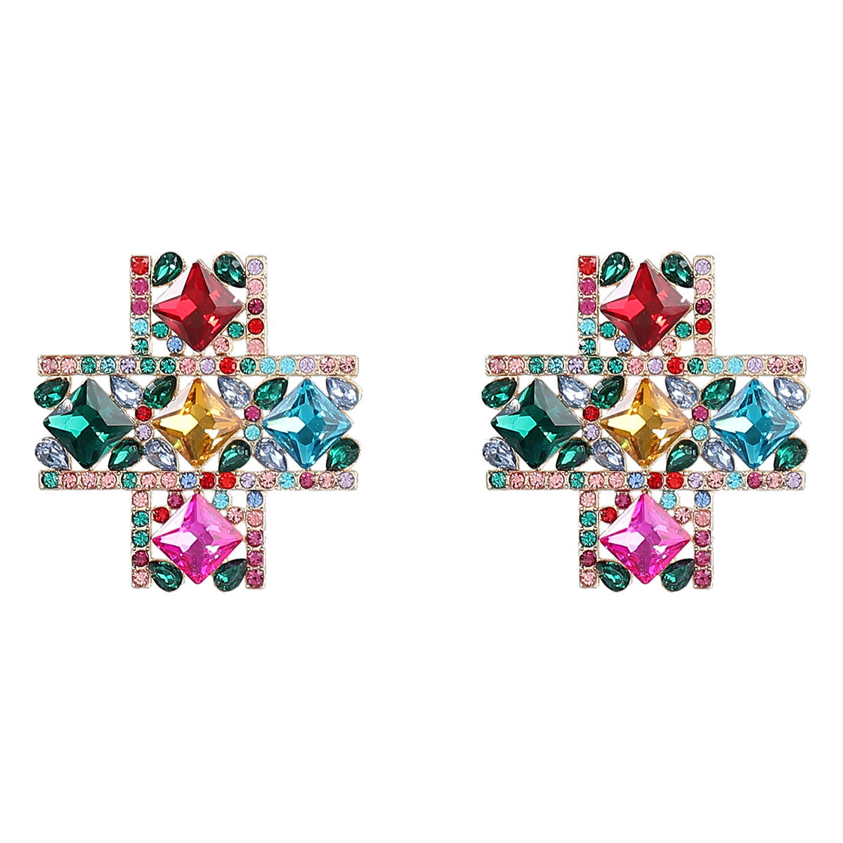 Alloy Diamond Rhinestone Glass Drill Cross Earrings