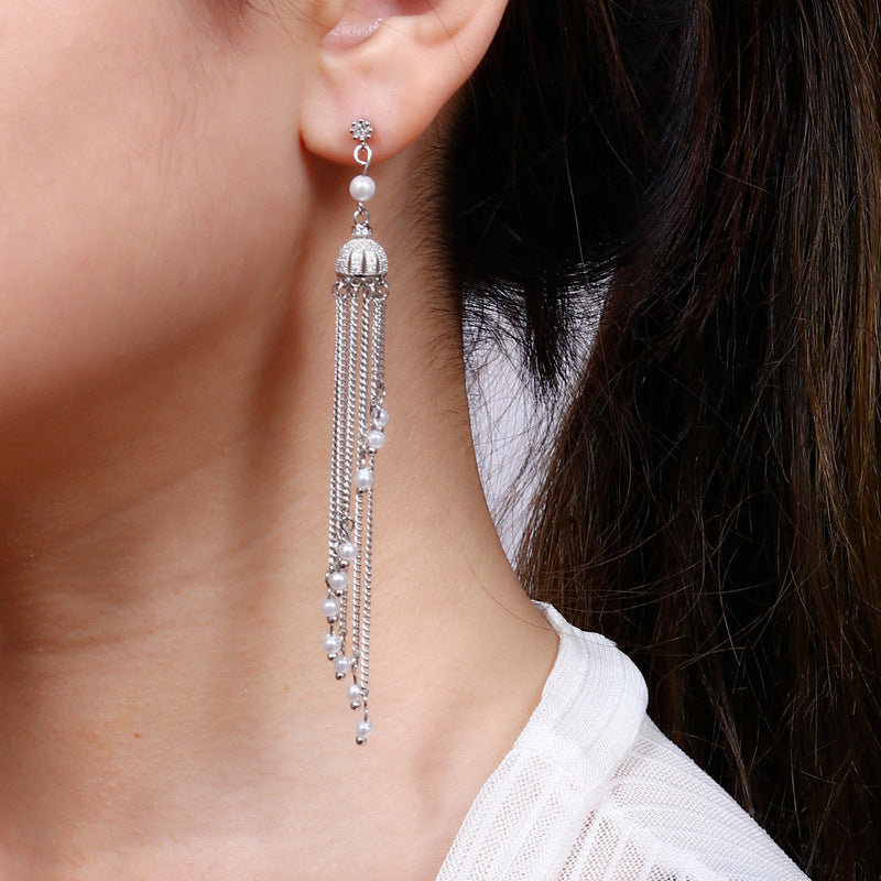 Women's Needle Pearl Crown Design High-grade Long Earrings