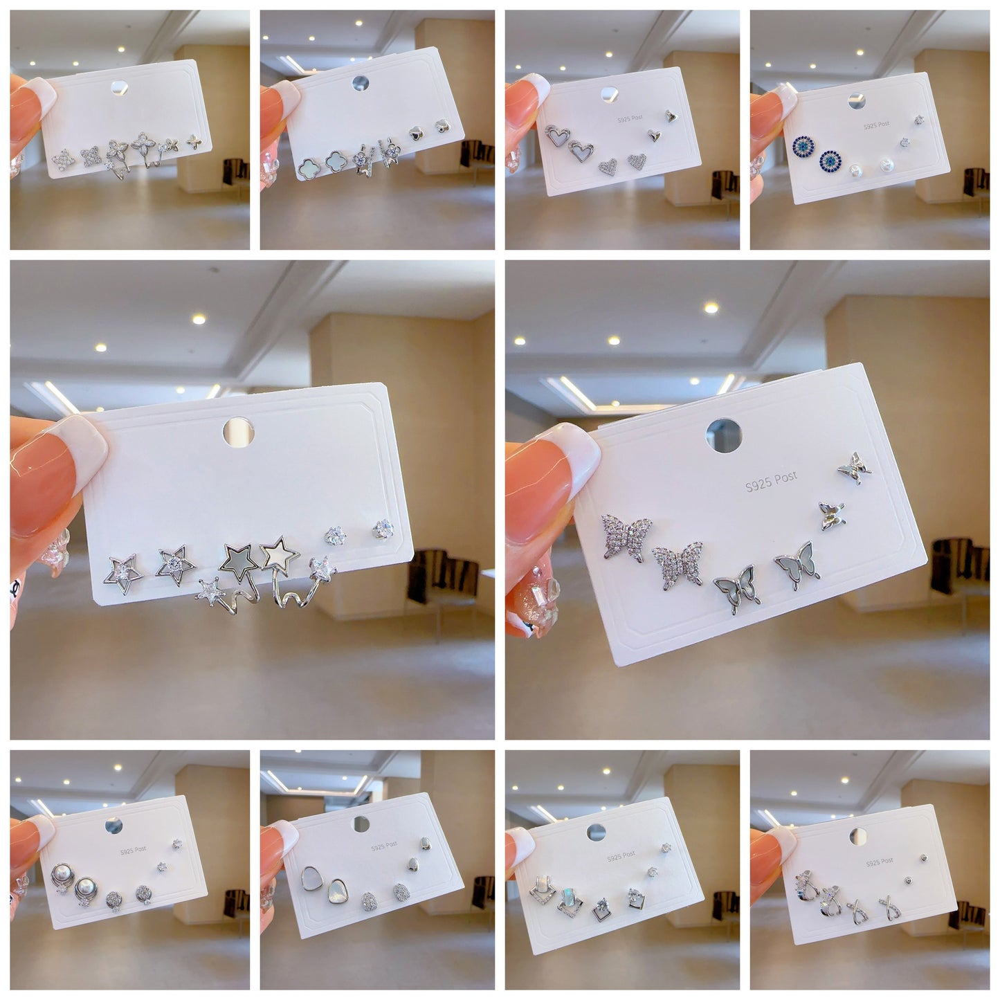 High-grade One Card Three Sier Suit Earrings