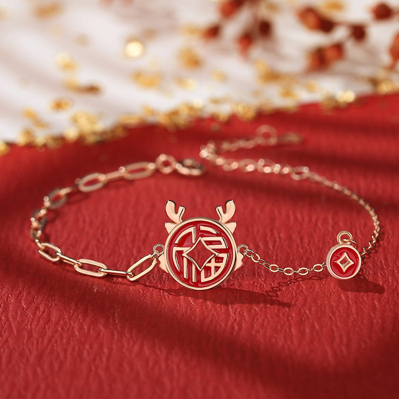 Women's Sier Gold Coin Dragon Copper Lucky Pendant Zodiac Clavicle Necklaces