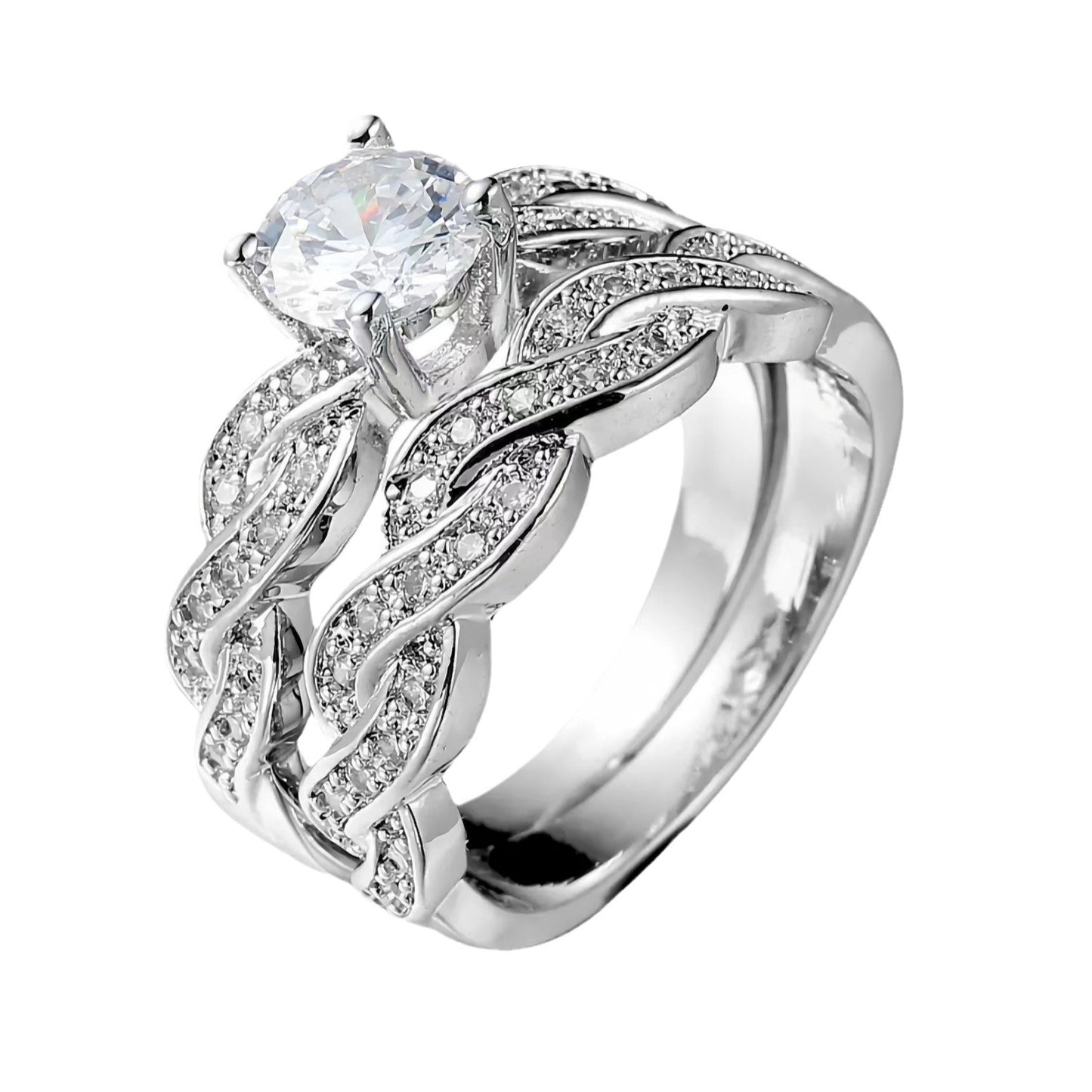 Inlaid White Zirconium Vine Two-piece Diamond Shank Ring