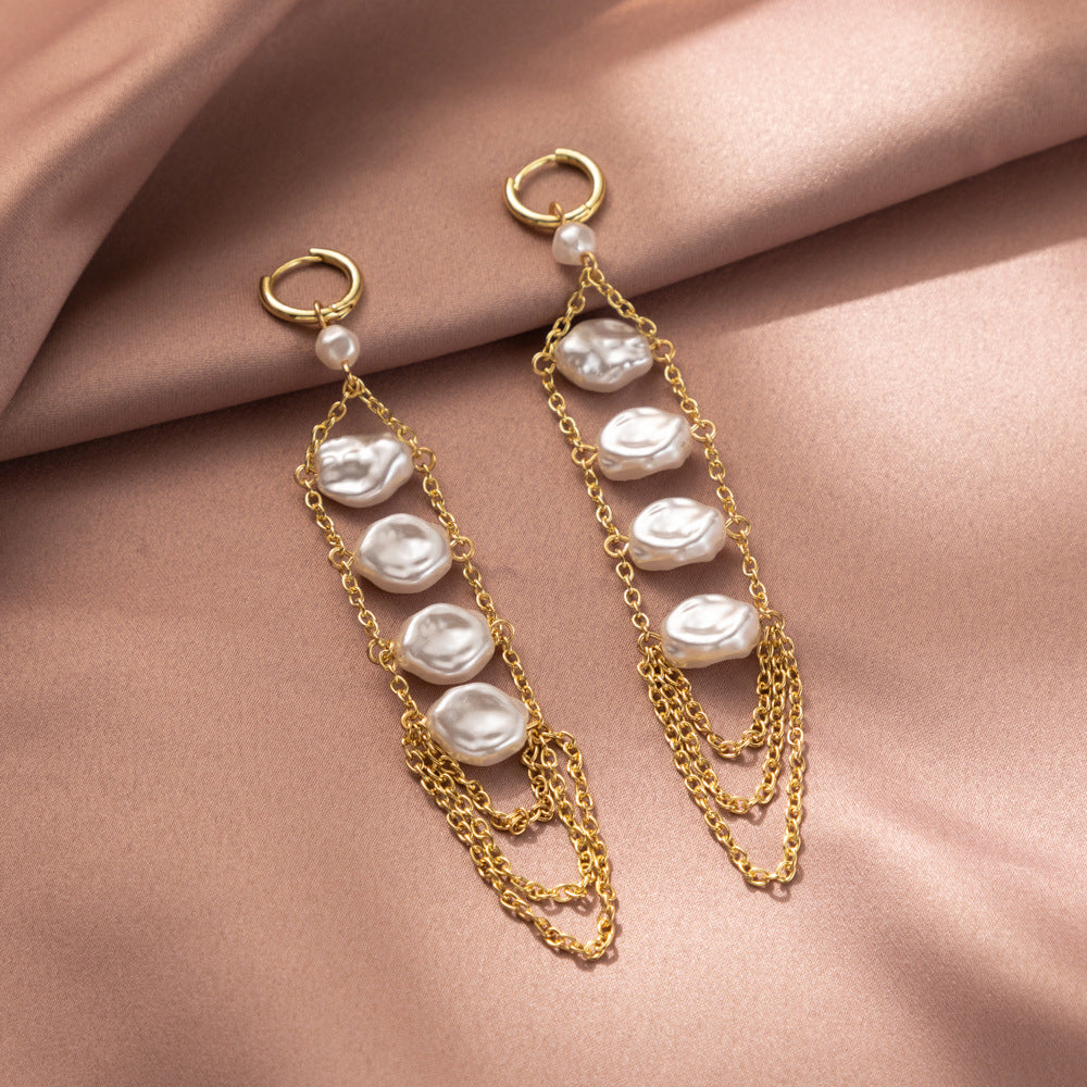 Popular Personalized Imitation Pearl Long Simple Tassel Earrings